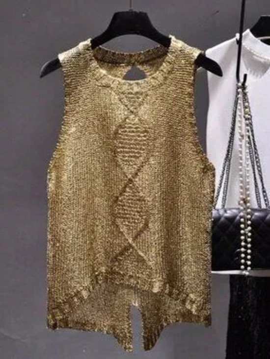 Sweaters - Gold Casual Women's Round Neck Asymmetric Hem Design Sleeveless Knit Top